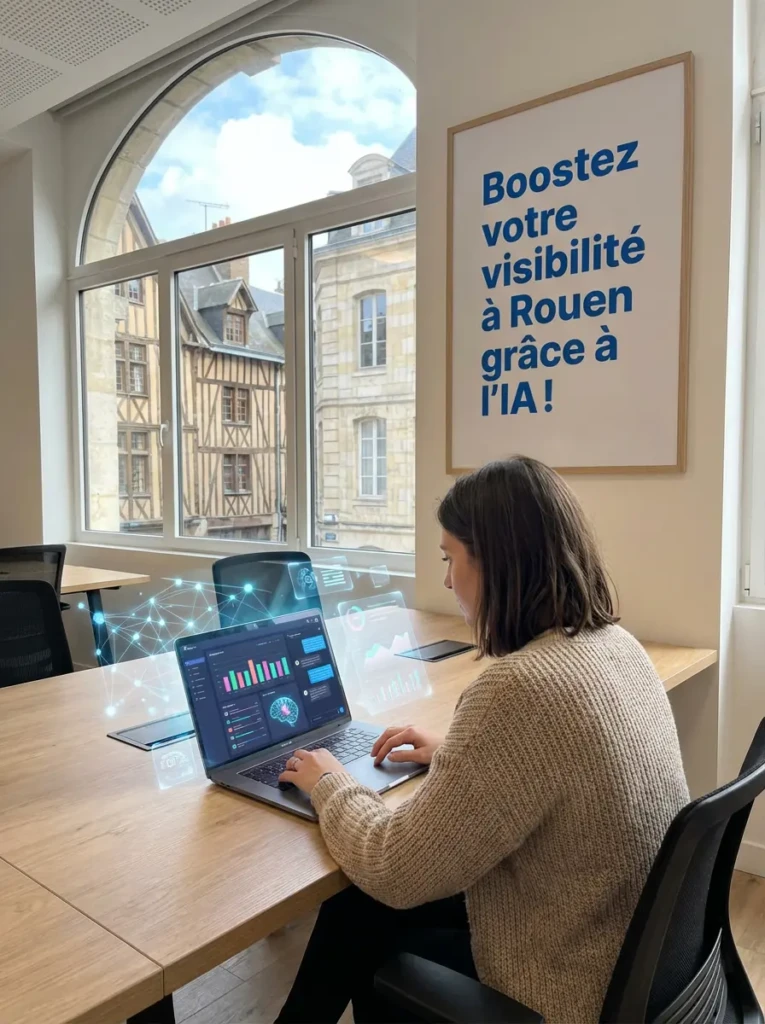 Entrepreneure travaillant sur un ordinateur avec des interfaces IA holographiques dans un bureau à Rouen, illustrant l’usage de l’intelligence artificielle pour améliorer la visibilité des TPE.