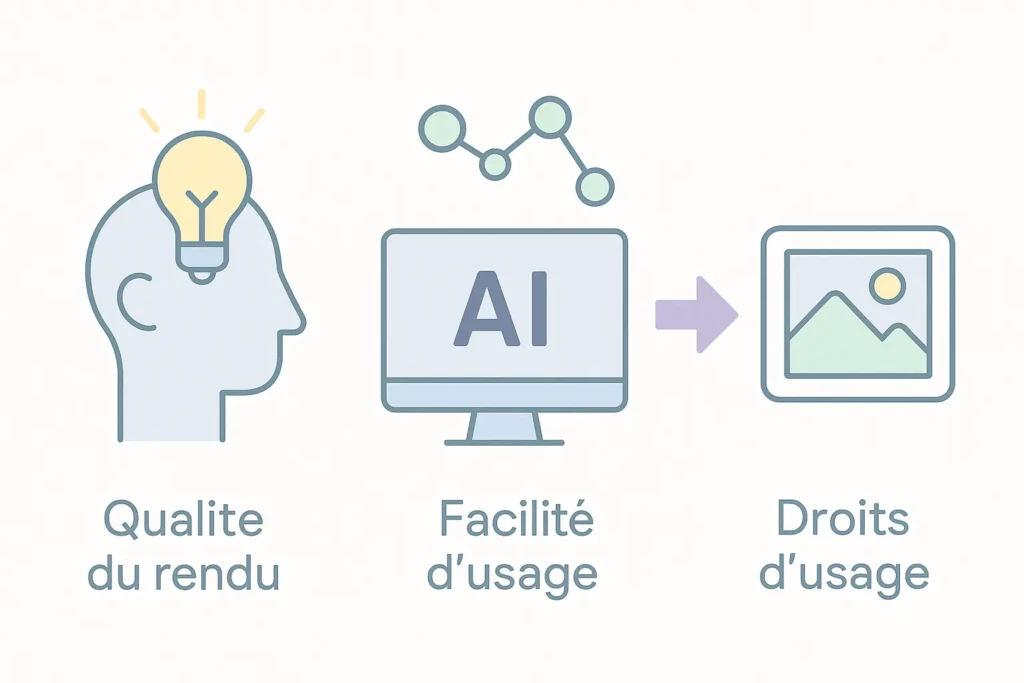 Illustration pédagogique montrant le processus de création d’images par IA : idée, outil d’intelligence artificielle et résultat visuel, pour expliquer les critères de choix d’un générateur.