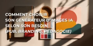 Illustration d’un moodboard créatif avec titre “Quel générateur d’images IA choisir ?selon son besoin”, utilisé comme image de mise en avant pour l’article Formadya Communication à Rouen.