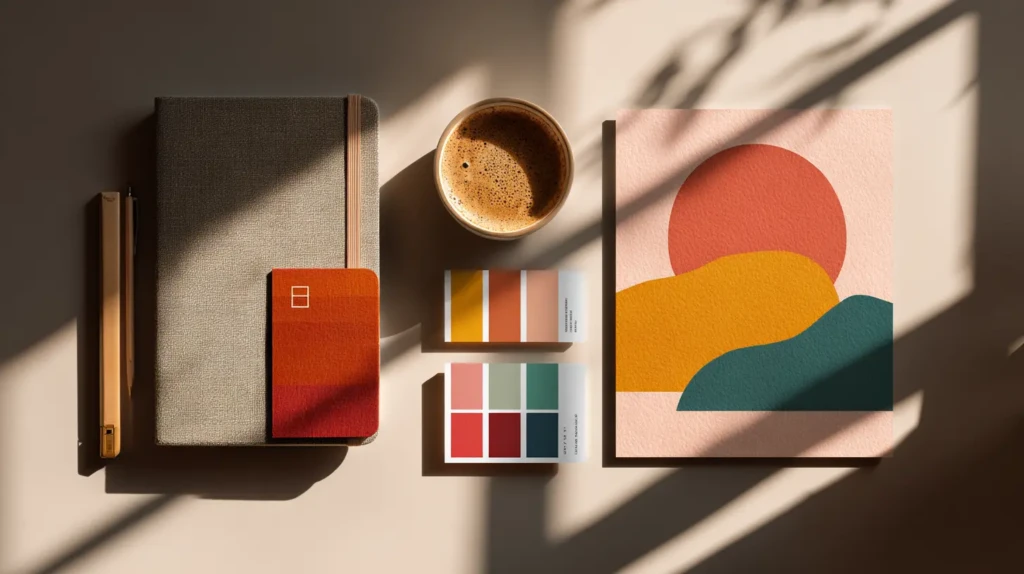 Moodboard créatif généré par IA avec carnet, palettes de couleurs et affiche minimaliste, illustrant la création d’un univers de marque et d’une identité visuelle pour les entreprises.